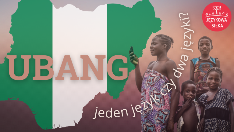 Po lewej stronie widać flagę Nigerii w kształcie tego kraju, po prawej - afrykańską kobietę oraz dwójkę dzieci. Napis na fladze: Ubang. Napis pomiędzy flagą a ludźmi : język inny niż wszystkie