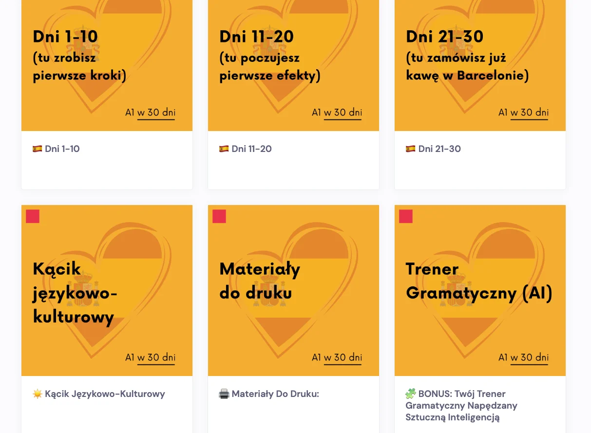 Zrzut ekranu z kursu Hiszpański: A1 w 30 Dni - widok platformy