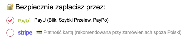 Zrzut ekranu: wybór płatności PayU w koszyku Językowej Siłki