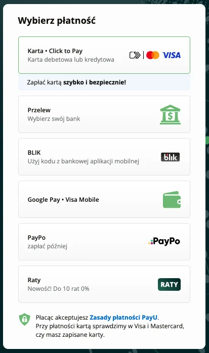 Zrzut ekranu: wybór rat 0% w PayU