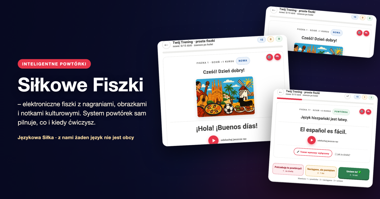 Podgląd Siłkowych Fiszek: fiszka z obrazkiem i nagraniem oraz przyciski oceny powtórki