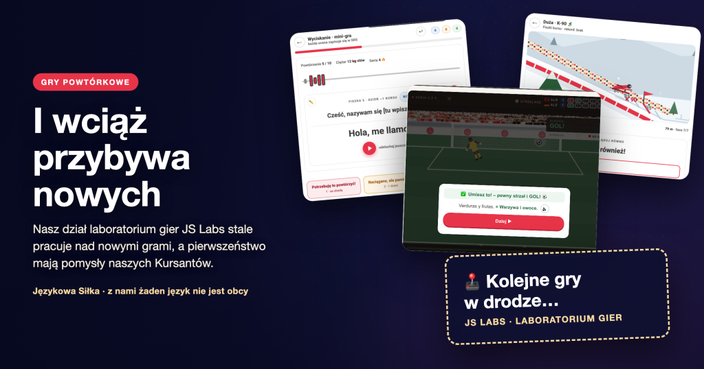 Kolaż gier powtórkowych z kafelkiem „Kolejne gry w drodze… JS Labs – laboratorium gier”