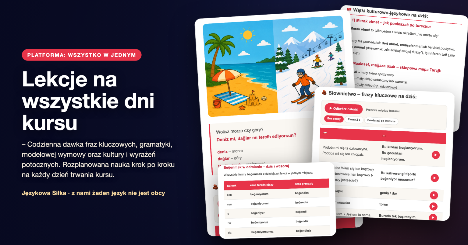 Podgląd lekcji dziennej: ilustracja, frazy kluczowe z nagraniami, tabela gramatyczna i wątki kulturowe
