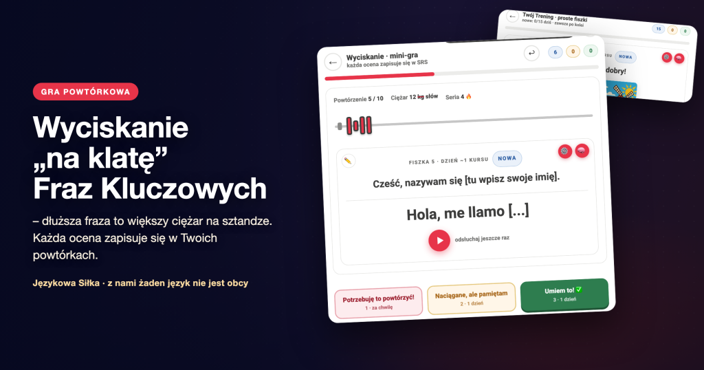 Podgląd gry Wyciskanie: sztanga z ciężarem frazy i przyciski oceny